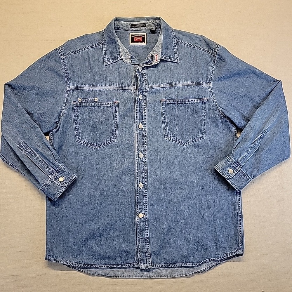 Wrangler HERO Denim Shirt Men's Large L Blue Button Front Cotton Long Sleeve